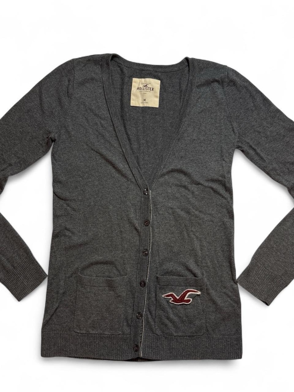 Vintage Hollister Women's Dark Gray V-Neck Button Cardigan
